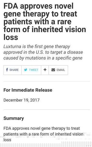 雷柏氏先天性黑朦2型患者将陆续用上基因医治药物”庞教授欣喜的说到。Luxturna这一药物的 获批,使原本无药可治的遗传眼病患者看到了曙光,也让几十年来的研究努力, 次得到了真正的“兑现”。.jpg 雷柏氏先天性黑朦2型患者将陆续用上基因医治药物”庞教授欣喜的说到。Luxturna这一药物的 获批,使原本无药可治的遗传眼病患者看到了曙光,也让几十年来的研究努力, 次得到了真正的“兑现”。.jpg